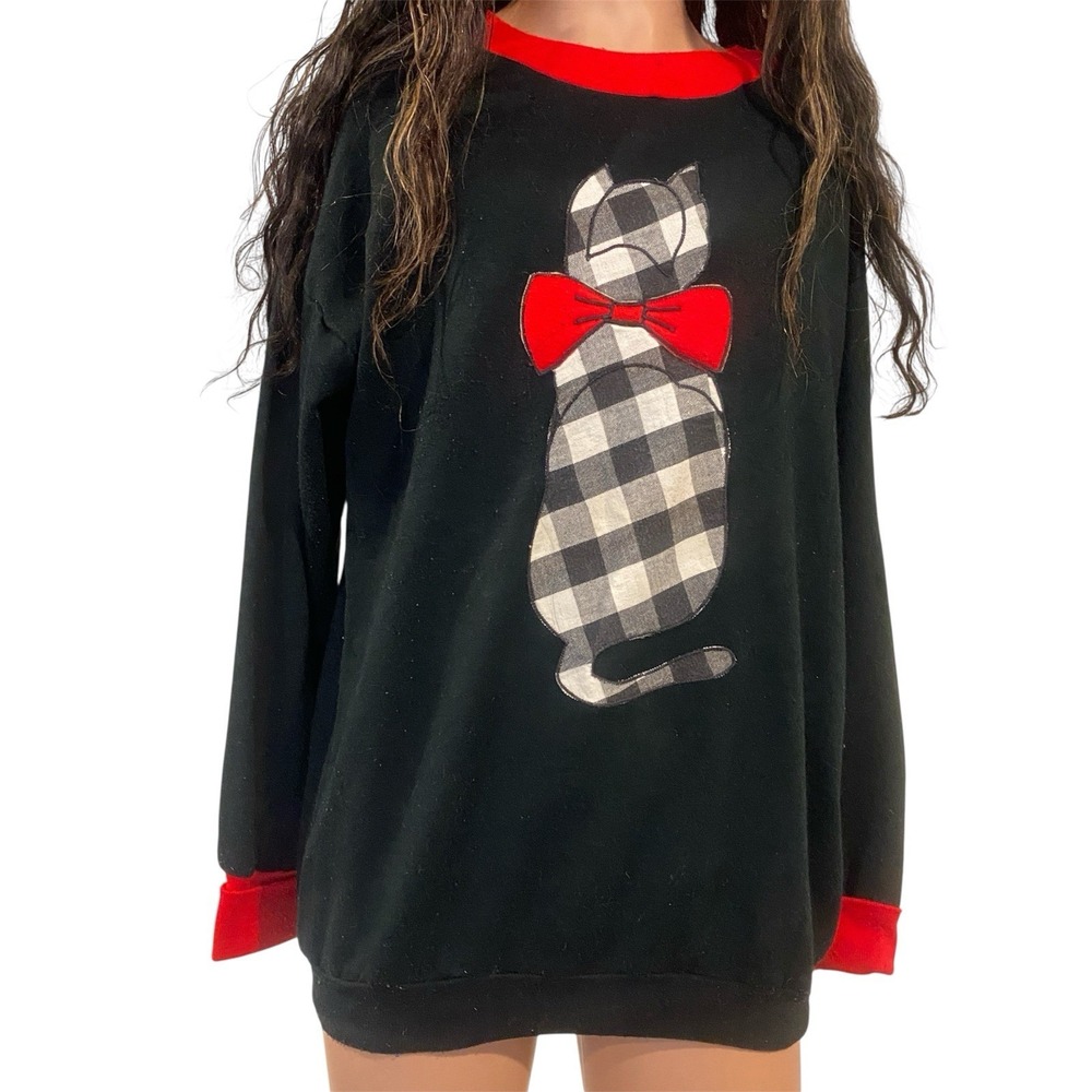 Vintage Leisure Life Cat Sweatshirt Made USA Plaid Cat Bow Red Trim Cottage Core